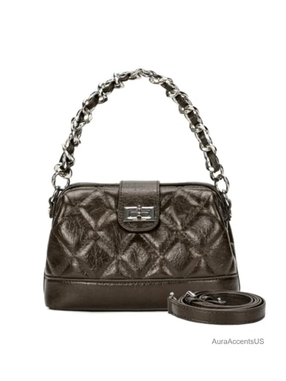 Mini Quilted Crossbody Bag with Detachable Chain, Vegan Leather Top Handle Purse